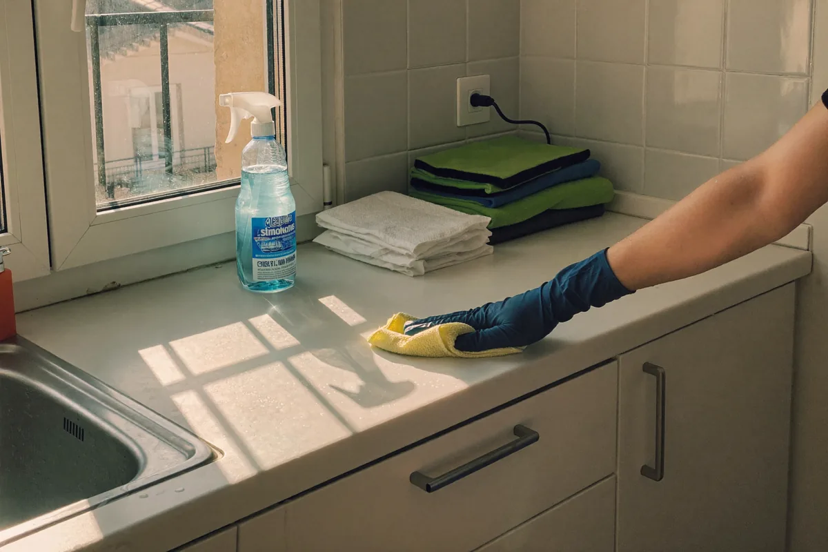 Gloved hands wiping down a kitchen worktop in a sunlit Lisbon flat